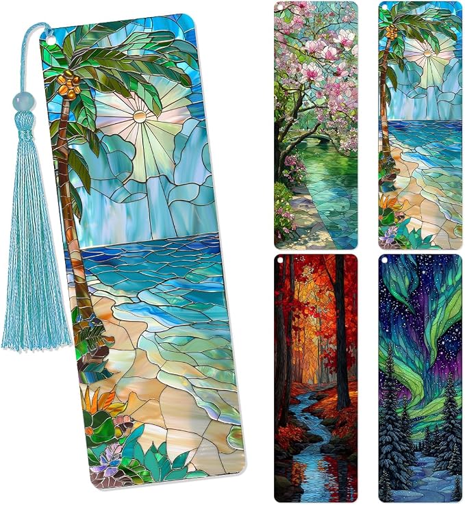 4 Pcs Seasons Transparent PVC Bookmarks with Tassels, Stained Glass Art Bookmark Gifts for Women Men, Elegant Book Loves Accessories, Fantasy Reader Gift for Bookish Men