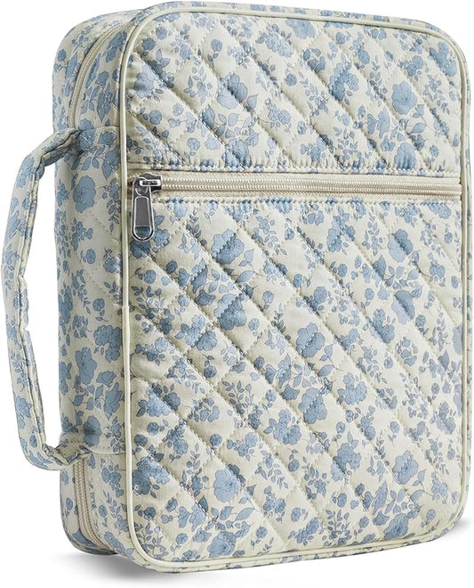 WOBAGMEN Bible Cover Case for Women,Large Bible Tote Bags Organizer Quilted Carrying Case for Girls,Bible Study Supplies Accessories Christian Gifts for Women (Blue Floral, L)