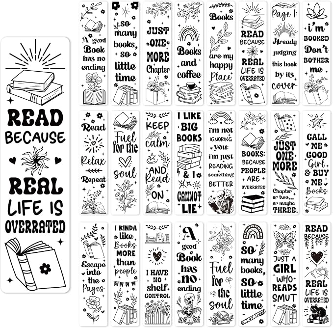 AFRITEE UV DTF Bookmark Wraps - 24 Sheets Books and Coffee Funny Blank Bookmark UV DTF Stickers for Women, Bohemian Floral Butterfly Transfer Sticker DIY Bookmarks Decorative Gifts for Book Lovers