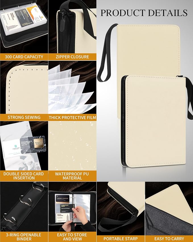 Leather Business Card Book Holder Organizer, Professional Name Card Book Holder with 300 Card Capacity, Portable PU Credit Card Binder File Sleeve Storage for Men Women,50 Pack Sleeves Zipper Closure