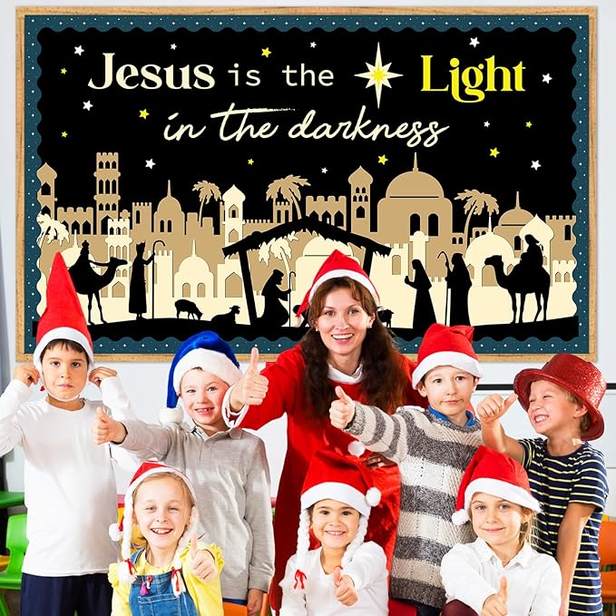 Christmas Religious Bulletin Board Jesus Lights Cutout Nativity Classroom Decoration Christian Bulletin Board for School Classroom Home Chalkboard Wall Door Décor Christmas Holiday Party Supplies
