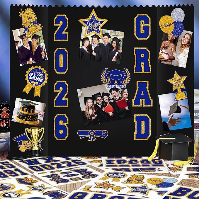 AmazingSpark 2 Sets Graduation Photo Display Board Trifold Poster Board with 12 Graduation Themed Stickers for 2026 Grad Party Decoration Picture Collage Frame Supplies (40 x 28,Blue Gold)