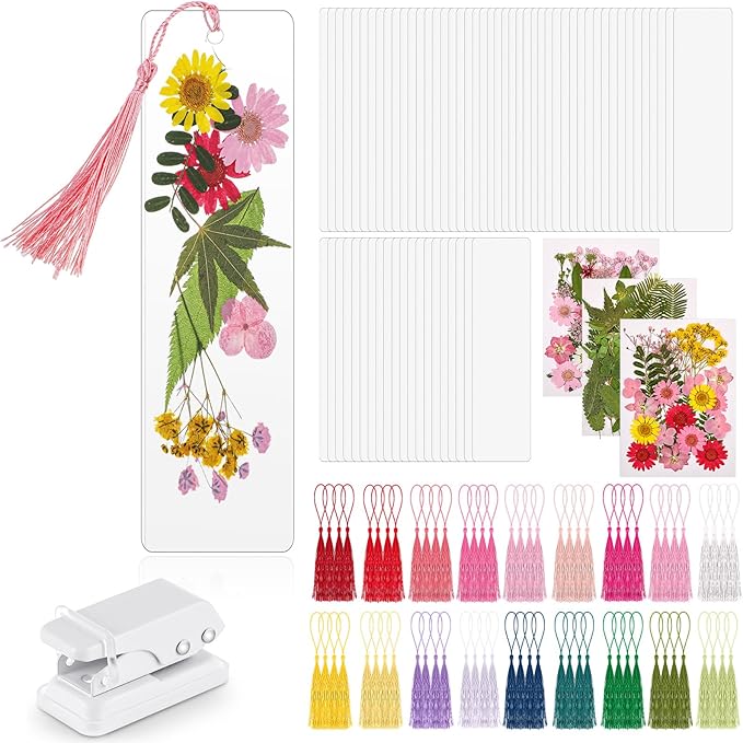 Fuyoooo 376 Pcs Dried Flower Bookmark Making Kit, DIY Bookmark Laminating Pouches with Tassels and Puncher, Handmade Craft Kit for Women, DIY Gifts for Book Lovers (Pink,2 x 8 Inch)
