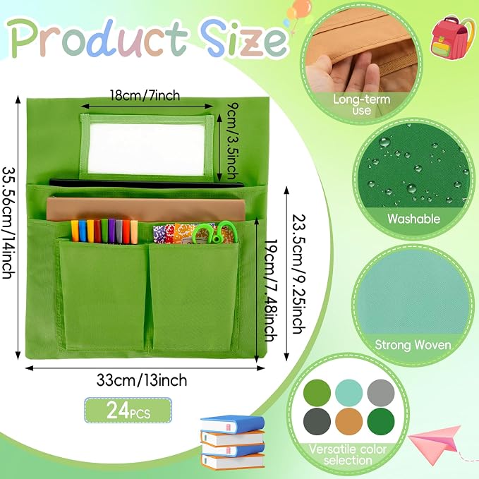 gisgfim 24 Pcs Small Chair Pockets for Classroom 13 x 14 Inch Bag with Name Tag Multi Pockets Chairsback Pouch Organizer for Student Kindergarten Elementary Daycare (Greenery)