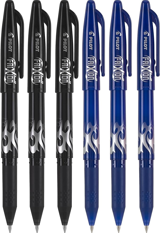 PILOT FriXion Ball 0.7mm Erasable Gel Pens, Fine Point, 3 Black Pens & 3 Blue Pens (6 PACK)