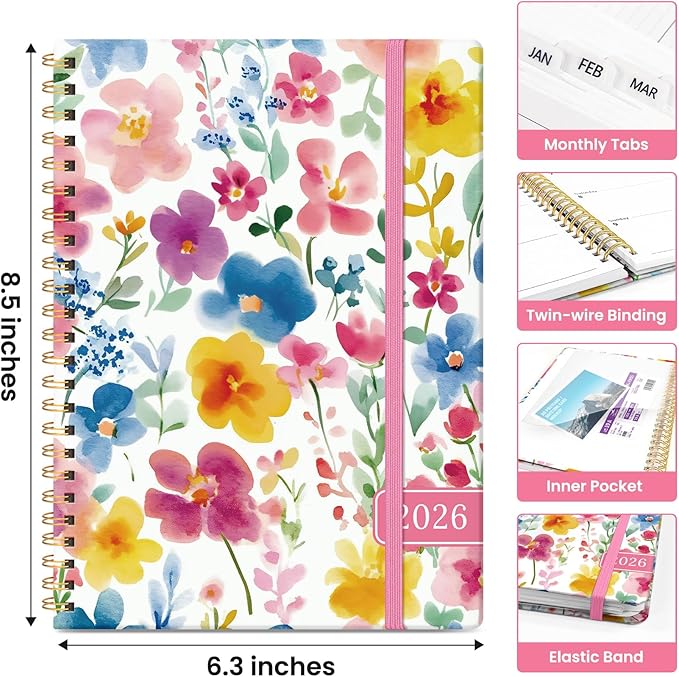 2026 Planner, Weekly and Monthly Calendar Planner for Women, Jan 2026 - Dec 2026, Hardcover Planning Agenda book with Tabs, Spiral Bound, Inner Pocket, Perfect for School Office Supplies, 6.3" x 8.5" - Bloom Floral