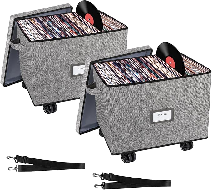 Lukeline Rolling Vinyl Record Storage Box, LP Record Storage Holds up 100 Single Records, Decorative Moving Box for Records, Vinyl Storage Organizer with Tow Rope and Double Handles (2)