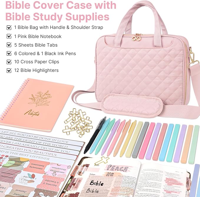 PUGPIU Bible Cover Case for Women, Large Quilted Bible Bag with Shoulder Strap and Handle, Bible Study Supplies Journaling Kit with Highlighters Pens No Bleed Tabs Notebook Cross Clips (Pink)