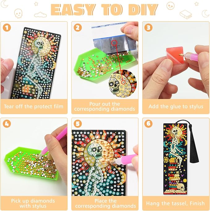 6 PCS Diamond Art Kits Bookmarks Diamond Painting Kit Book Mark, Handmade DIY Skeleton Diamond Art Skull Gem Art Acrylic Tassel Bookmarks for Women Adults, Craft Kits Gift Set for Book Lovers