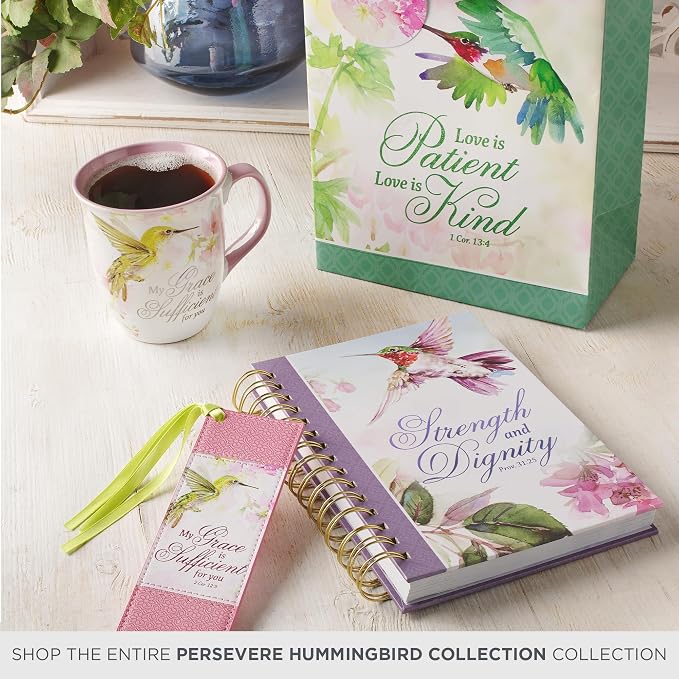 Christian Art Gifts Premium Vegan Leather Scripture Bookmark for Women: Grace is Sufficient Inspirational Bible Verse Cute Hummingbird Book Accessory, Pink Multicolor Floral & Lime Green Satin Ribbon
