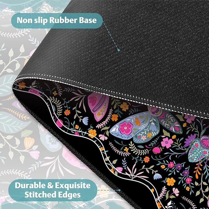 Desk Mat for Keyboard and Mouse, Large Non-Slip Mouse Pad Keyboard Pad, Computer Mats for Desktop, Cute Desk Pad with Stitched Edges for Office, Gaming I Black Colorful Folk Art