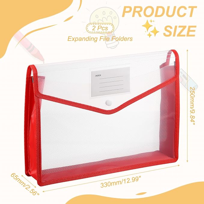 PATIKIL Plastic Expanding File Folders, 2 Pack A4 File Folder Envelopes Letter Size Document Organizer Supplies with Snap Closure for Classroom Office, Red, Horizontal