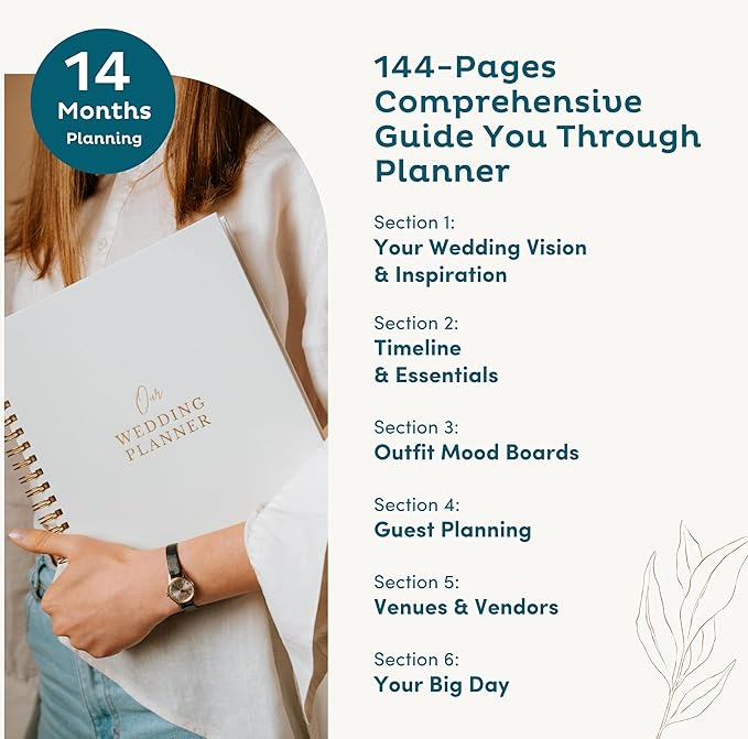 Timeless Premium Linen Wedding Planner Book and Organizer – Wedding Planning Book, Comprehensive Keepsake & Countdown Binder, Perfect Engagement Gift for Women, Customizable Front Photo Window (Cream Speckles)