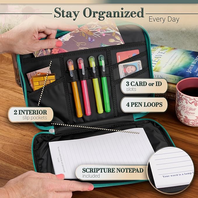 Christian Art Gifts Inspirational Vegan Leather Two-fold Organizer Bible Cover for Women, Jesus Fish Badge, Sturdy Carry Handle, Pen Loops, Pockets, Pen/Highlighter Combo & Notepad, Turquoise, Large