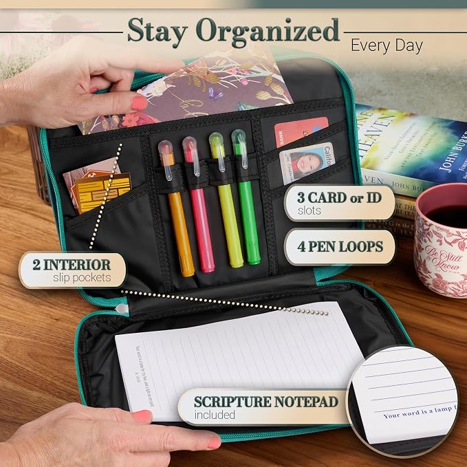 Christian Art Gifts Inspirational Vegan Leather Two-fold Organizer Bible Cover for Women, Jesus Fish Badge, Sturdy Carry Handle, Pen Loops, Pockets, Pen/Highlighter Combo & Notepad, Turquoise, Medium