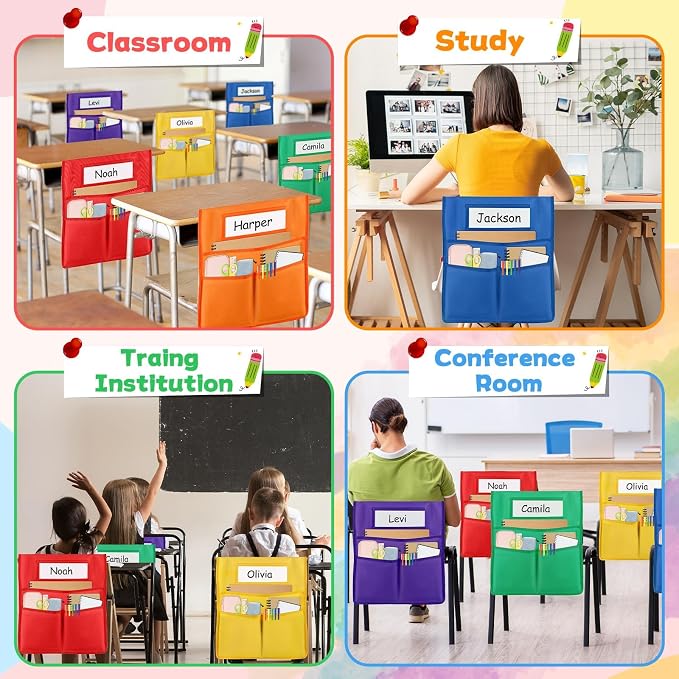 gisgfim 6 Pcs Chair Pockets for Classroom 19 x 17 inch Seat Sacks for Classroom Chairback Pocket Chart 3 Pockets Chairs Seat Back Organizer with Name Tag for School Home Classroom Supplies(Colorful)