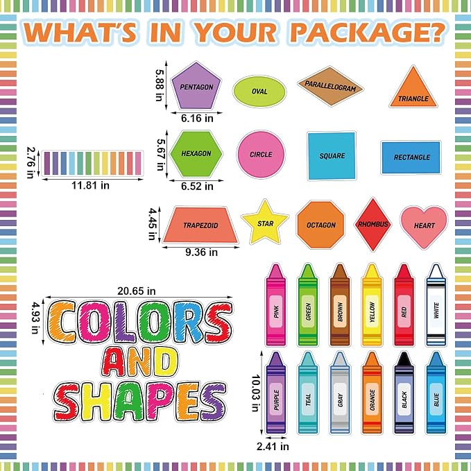 70 Pcs Colors and Shapes Bulletin Board Decorations Color Recognition Crayon and Shapes Cutouts Back to Schoool Learning Poster for Chalkboard Wall Classroom Decor