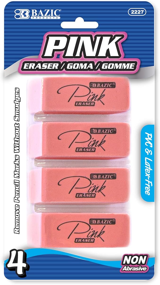 BAZIC Products Pink Eraser, Latex Free Bevel Block Erasers, Large Size for Classroom, Office, and Art Use, Smooth Pencil Correction for Writing, Sketching, & Daily Tasks, 4/Pack, 1-Pack