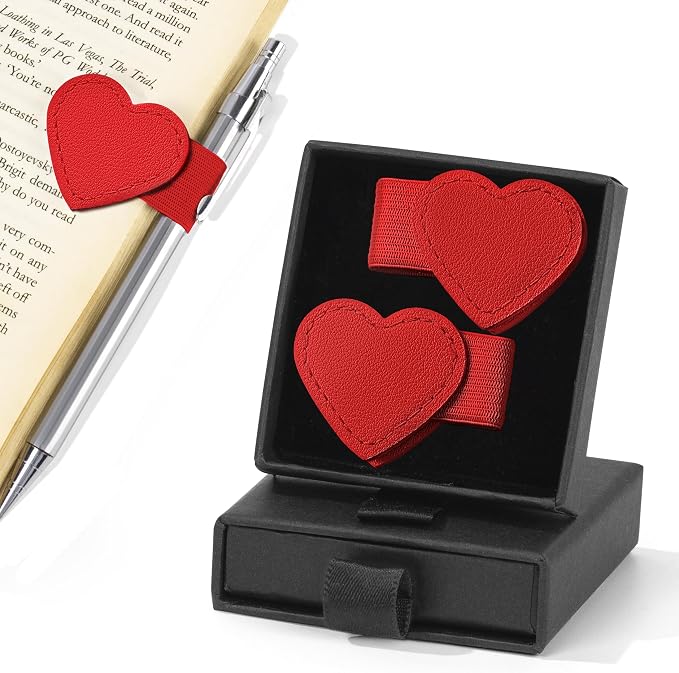 2Pcs Magnetic Leather Heart Bookmarks with Pen Holder, Cute Book Markers Clip with Gift Box, Reading Accessories for Book Lovers Women Teachers Students, Red