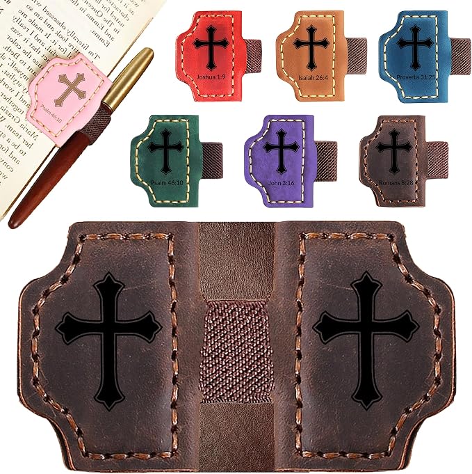 Personalized Leather Bookmark with Pen Holder - Magnetic Bible Verse Design, Christian Book Lovers Reading Accessory, for Book Lovers Men Women (Coffee, Cross)