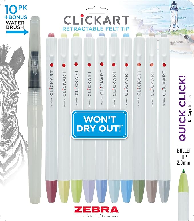 Zebra Pen CLiCKART Retractable Felt Tip Pen, Assorted Ink Colors, 0.6mm Fine Point, Moisture Absorbing to Prevent Drying Out, Ideal for Journaling and Drawing, 10-Pack + Bonus Water Brush (69600)