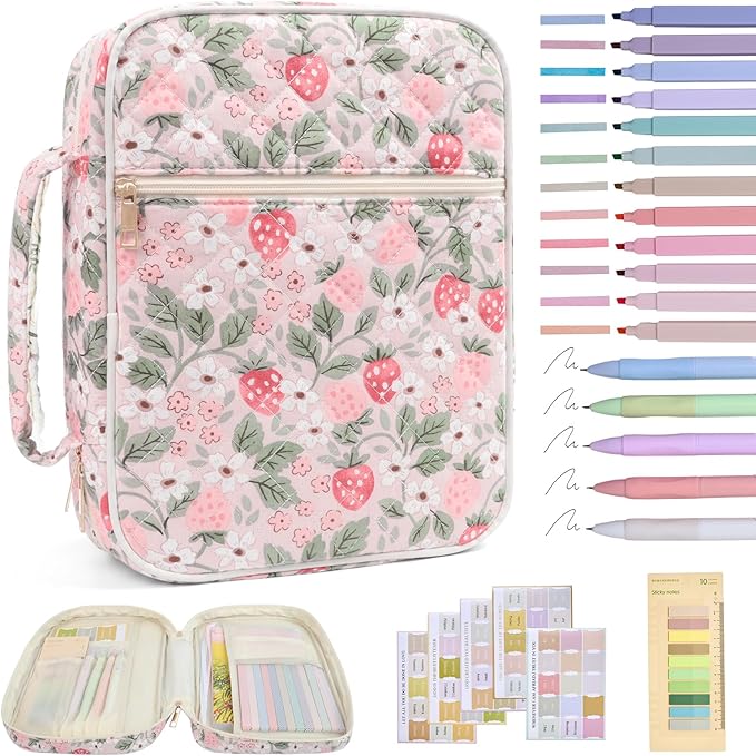 Bible Cover Case for Women Large Bible Cover with Durable Handle Quilted Bible Carrying Case for Girls Bible Study Supplies Accessories (Strawberry Garden, Strawberry Garden)