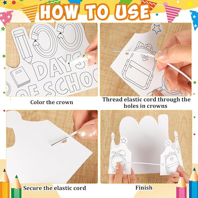 36 Set 100 Days of School Coloring Crowns 100th Day of School Paper Craft Crown Hats 100 Day Party Decorations Color Your Own Crafts for Students Classroom Activities Gift Celebration Supplies DIY Art