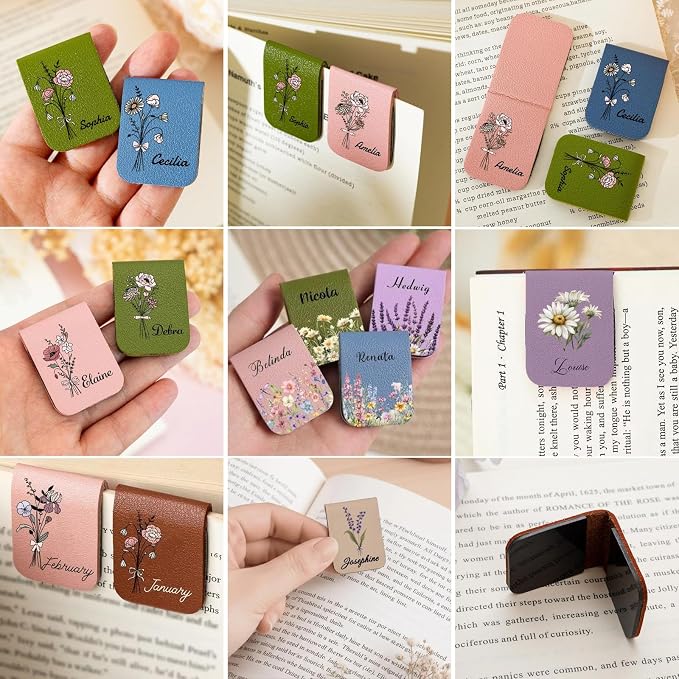Personalized Leather Magnetic Bookmark with Name, Custom Birth Flower Bookmark for Women, Customized Book Accessories Bookish Gifts for Reading Lovers (Style 1)