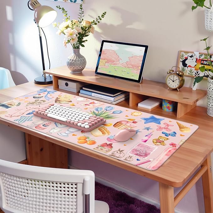 iCasso Pink Desk Mat, Cute Aesthetic Large Mouse Pad, Waterproof Keyboard Pad, Non-Slip Desk Protector with Stitched Edges for Women Home Office, Gaming, Dorm