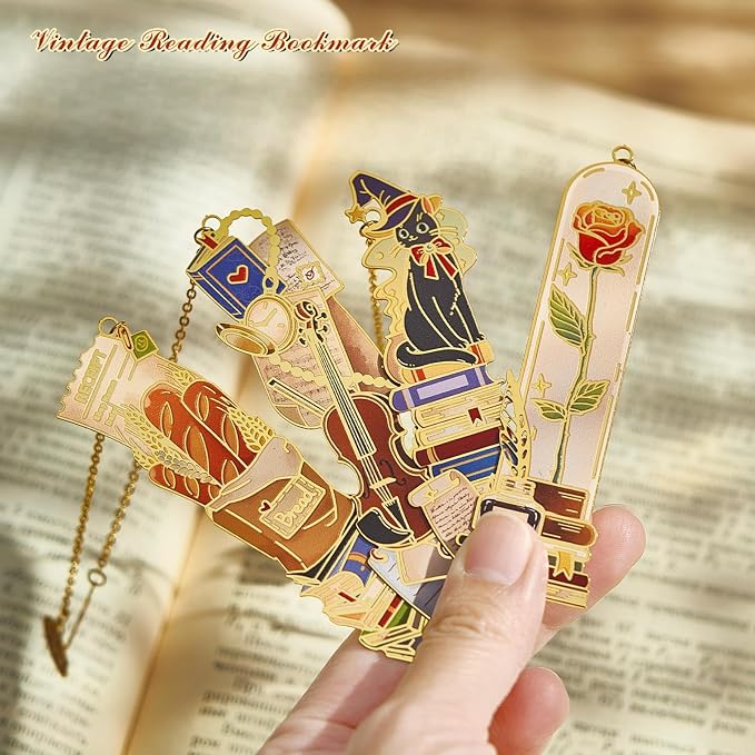 4 PCS Vintage Metal Bookmark, Hand-Drawn Book Marks for Reading Women, Book Lovers Gifts for Teachers Writer