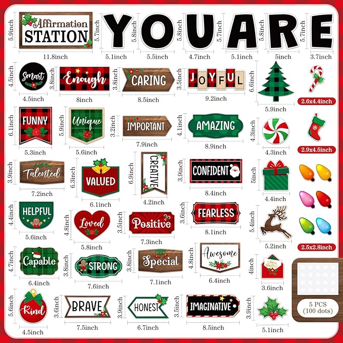 45pcs Christmas Affirmation Station Bulletin Board Set Motivational Posters Classroom Mirror Growth Mindset Decor Positive Affirmations Accents Cutouts for School Office Home Teacher Supply