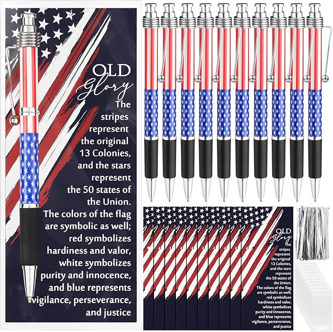 Motiskyy 10 Sets American Flag Ballpoint Pens Bulk USA Patriotic Themed Black Ink Retractable Pen Stars Stripes Bookmarks Stationery 250th Anniversary Souvenirs for Veterans Home Office Army