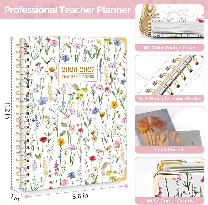 SKYDUE Teacher Planner 2026-2027 Academic Year, 8.5" x 11" Deluxe Teacher Lesson Planner with Monthly Tabs & Stickers, Lesson Plan Book 26-27, FloralA