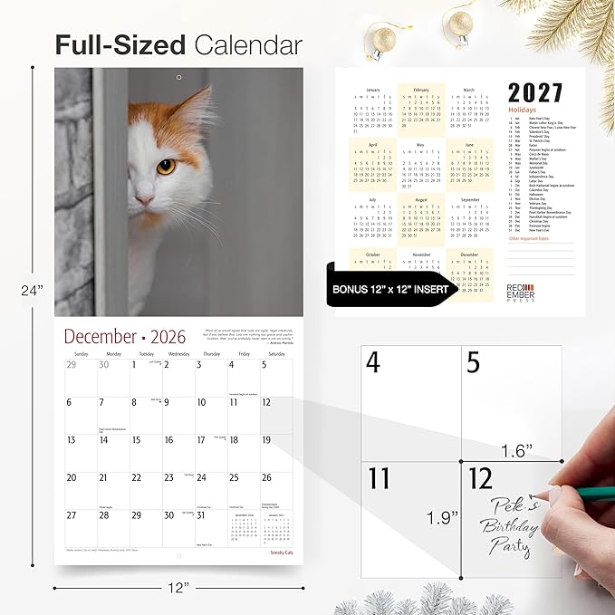 RED EMBER Sneaky Cats 2026 Wall Calendar 12 Month | 12" x 24" Open | Thick & Sturdy Paper | Giftable | Funny Kitten Cat Calendar 2026