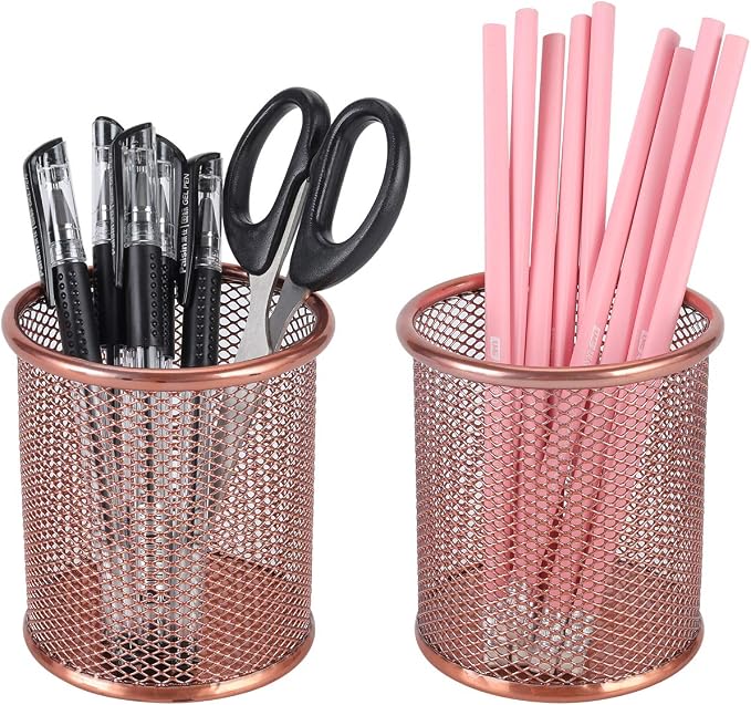 PAG Pencil Holder for Desk, 2 Pack Desktop Pen Cup, Office Supplies Rose Gold Desk Organizers and Accessories Organization, Makeup Brush Holder, Copper