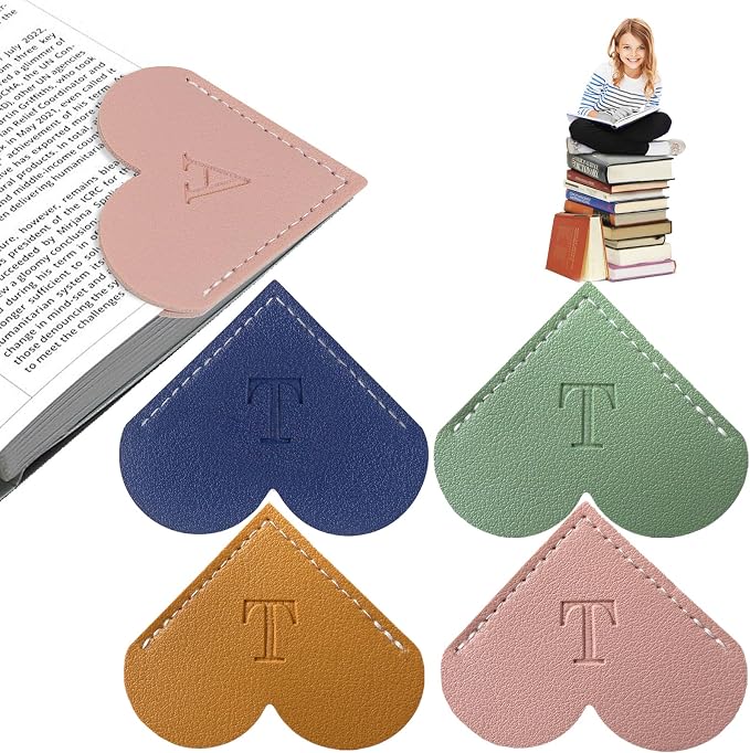 4Pcs Personalized Leather Heart Bookmark With Initial, 26 Letters Custom Corner Page Book Mark For Reading Women, Book Lovers, Teachers, Students, Cute Book Accessories(Blue+Green+Light Brown+Pink, T)