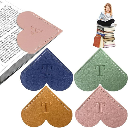 4Pcs Personalized Leather Heart Bookmark With Initial, 26 Letters Custom Corner Page Book Mark For Reading Women, Book Lovers, Teachers, Students, Cute Book Accessories(Blue+Green+Light Brown+Pink, T)