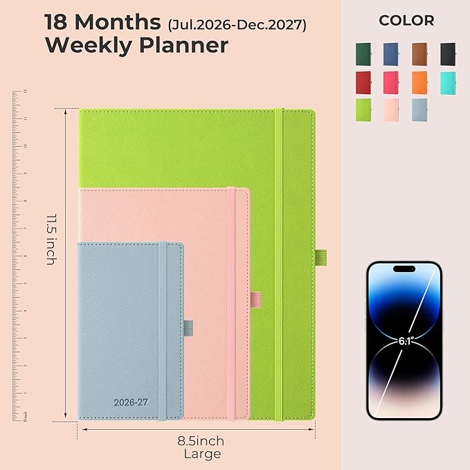Weekly Monthly 2026-2027 Planner (July 26-Dec 27),11.5"x8.5",18 Months Agenda Plan with Month Tabs & Pocket,Expenses/Note Pages, Academic Calendar with Vegan Leather Cover,Pink