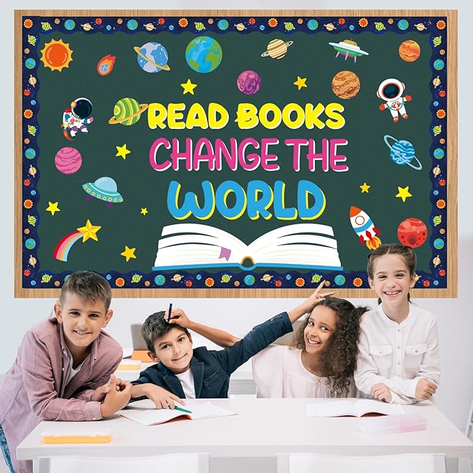 Outer Space Bulletin Board Set Read Books Change The World Classroom Decoration Motivational Astronaut Rocket Spacecraft Planet Paper Cutout for Back to School Nursery Library Door Wall Decor Supplies
