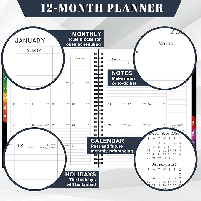 2026-2027 Planner - 8” × 10”, 2026-2027 Planner Weekly and Monthly, from JUL.2026 to JUN. 2027, Premium Paper, Twin-wire Binding, Check Box, Coated Monthly Tabs, for Productive Life