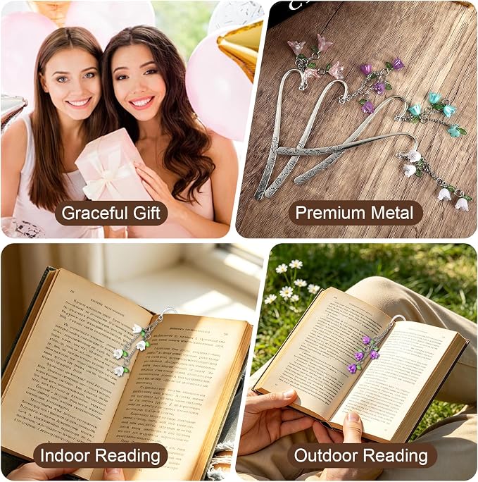 4PCS Bookmarks for Women Reading Metal Book Mark for Readers Book Lovers Aesthetic Cute Bookmarks Silver Personalized Floral Bookmark with Pendants Pretty Book Accessories Reading Gifts