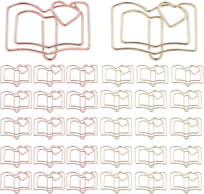 Book Shape Paper Clips Bookmark, 30pcs Stainless Steel Book with Heart Paper Clip Gold and Rose Books Bookmark Funny Paperclips with Heart Document Organization Office School Desk Wedding Deco