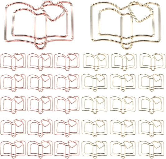 Book Shape Paper Clips Bookmark, 30pcs Stainless Steel Book with Heart Paper Clip Gold and Rose Books Bookmark Funny Paperclips with Heart Document Organization Office School Desk Wedding Deco