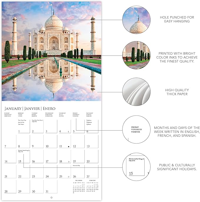Graphique 2024 Wonders of the World Mini Wall Calendar | 7” x 7” | Thick Paper | Home & Office Organizer | Large Monthly Grid | 3 Languages & Marked Holidays | 4 Month Preview Page for 2025