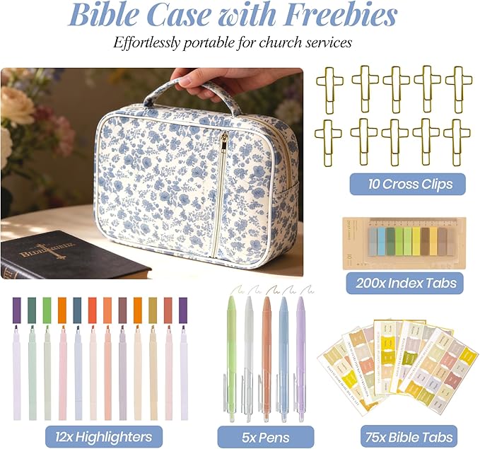 Bible Cover Case for Women, Large Bible Bag with Bible Study Supplies Accessories Christian Gifts for Women, Portable with Sturdy Handle and Highlighters, Blue Flower