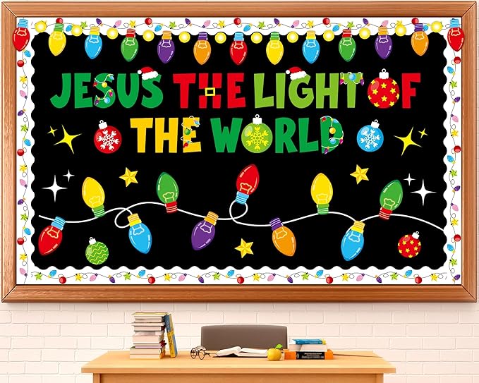 Christmas Bulletin Board Decorations Christian Jesus The Light of The World Paper Cutouts Bible Verse Colorful Light Bulb Bulletin Board Set for Xmas Winter Sunday School Church Wall Decoration Favor