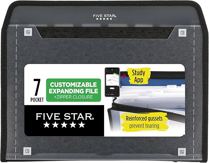 Five Star Expanding File Organizer + Study App, 7-Pocket Accordian File Organizer, Zipper Closure, Holds 8-1/2" x 11" Paper, Black (72709) (Pack of 6)