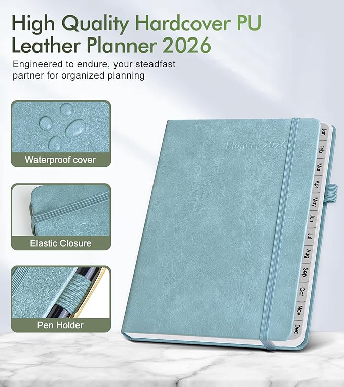2026 Weekly & Monthly Planner, 12 Months Hardcover Planner from January 2026 - December 2026, Leather Agenda Organizer Book 2026 with Tabs, Daily Calendar Planners for Work School Home, A5 (5.75" x 8.38"), Blue