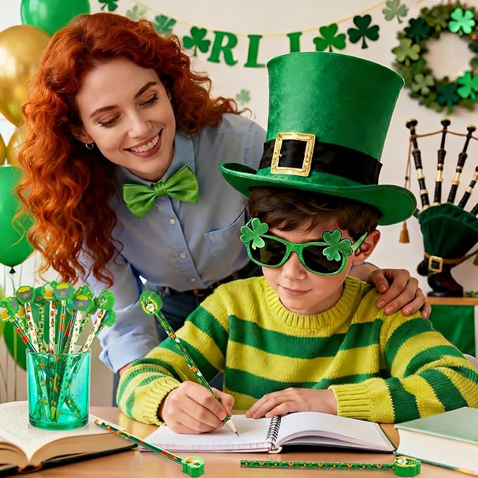 Gersoniel 36 Pcs St. Patrick's Day Pencils Set 18 Green Shamrock Pencils 18 Irish Rubber Erasers Clover Leprechauns Wood Stationary for Kids Party Favors Office School Classroom Gift Exchange (Irish)