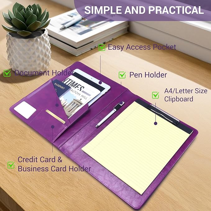 Professional Portfolio Binder, Faux Leather Padfolio for Resume, Note-Taking & Meetings, A4 Letter Writing Pad Holder for Women & Men (Purple)